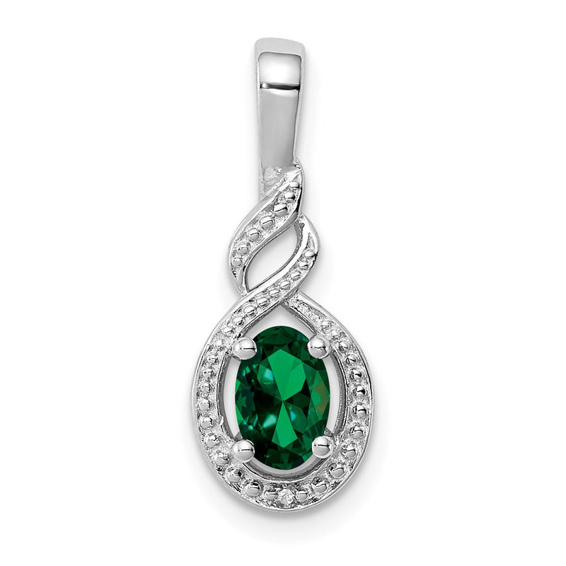 Sterling Silver Rhodium-Plated Created Emerald & Diam. Pendant