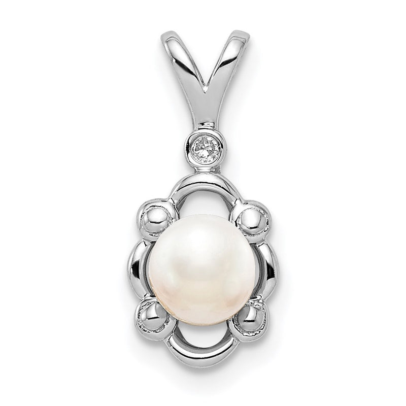 Sterling Silver Rhodium-Plated Fw Cultured Pearl & Diam. Pendant