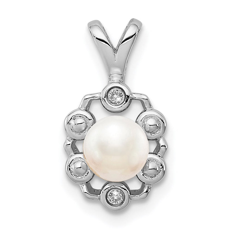 Sterling Silver Rhodium-Plated Fw Cultured Pearl & Diam. Pendant
