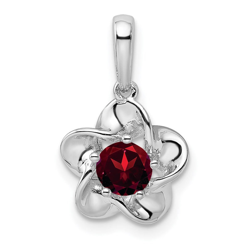 Sterling Silver Rhodium-Plated Floral Garnet Pendant