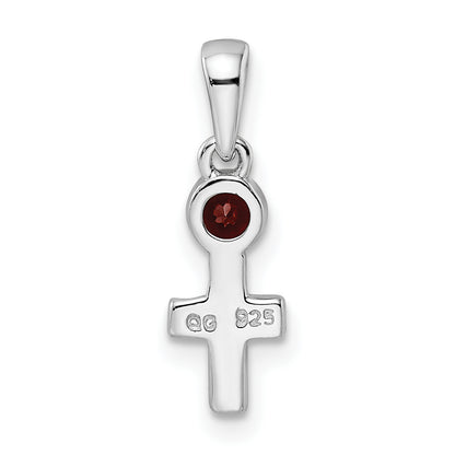 Sterling Silver Rhodium-Plated Polished Garnet Cross Pendant