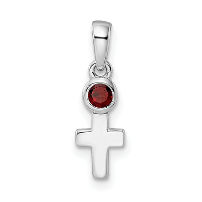 Sterling Silver Rhodium-Plated Polished Garnet Cross Pendant