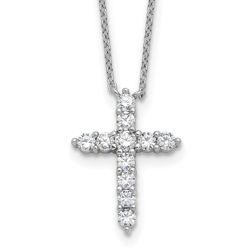 Sterling Silver Rhodium Plated CZ April Birthstone Cross 16in w/2in Ext Necklace