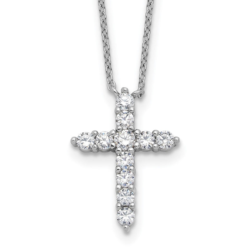 Sterling Silver Rhodium Plated CZ April Birthstone Cross 16in w/2in Ext Necklace