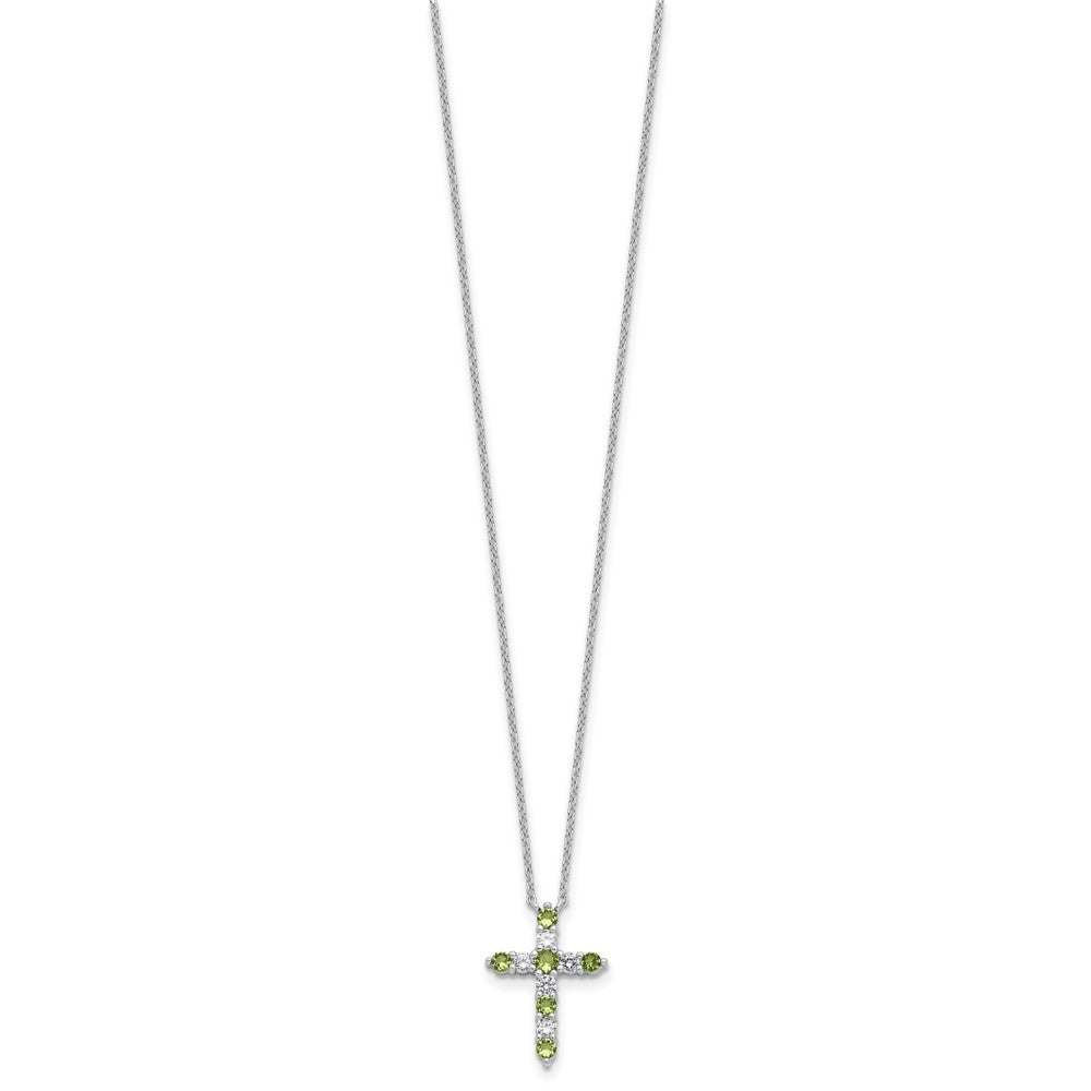 Sterling Silver Rhodium Plated Green CZ August Birthstone Cross w/2in Ext Necklace