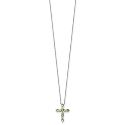 Sterling Silver Rhodium Plated Green CZ August Birthstone Cross w/2in Ext Necklace