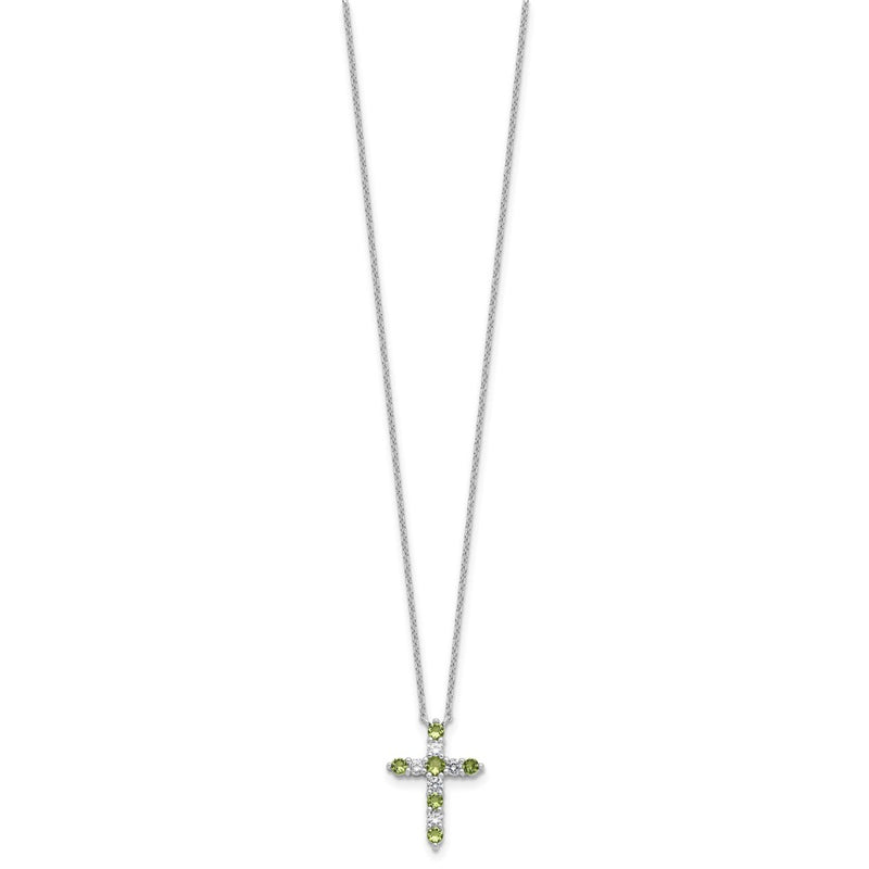 Sterling Silver Rhodium Plated Green CZ August Birthstone Cross w/2in Ext Necklace