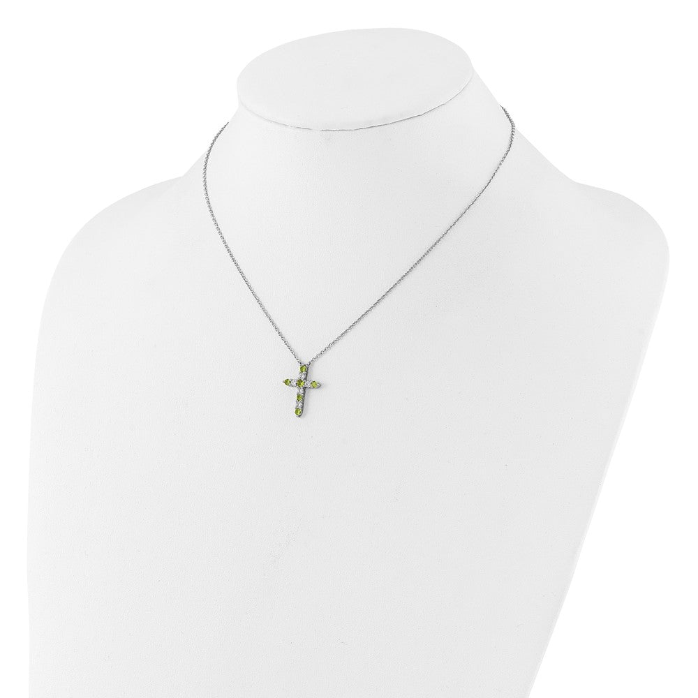 Sterling Silver Rhodium Plated Green CZ August Birthstone Cross w/2in Ext Necklace