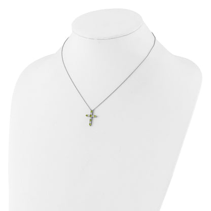 Sterling Silver Rhodium Plated Green CZ August Birthstone Cross w/2in Ext Necklace