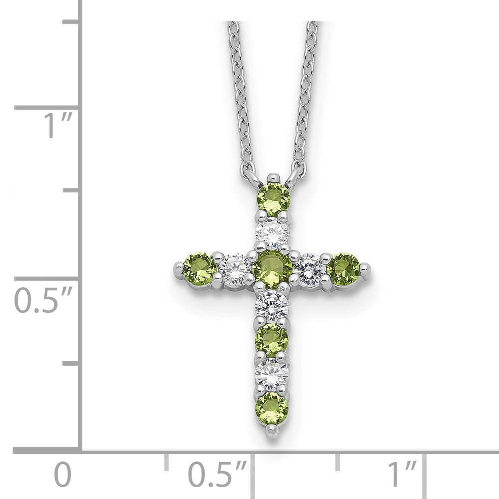 Sterling Silver Rhodium Plated Green CZ August Birthstone Cross w/2in Ext Necklace