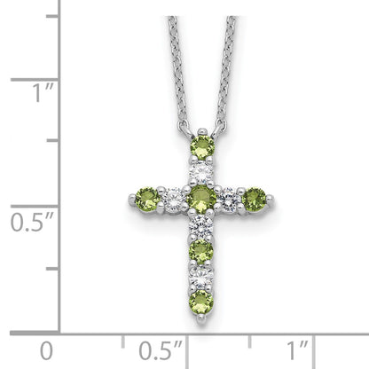 Sterling Silver Rhodium Plated Green CZ August Birthstone Cross w/2in Ext Necklace
