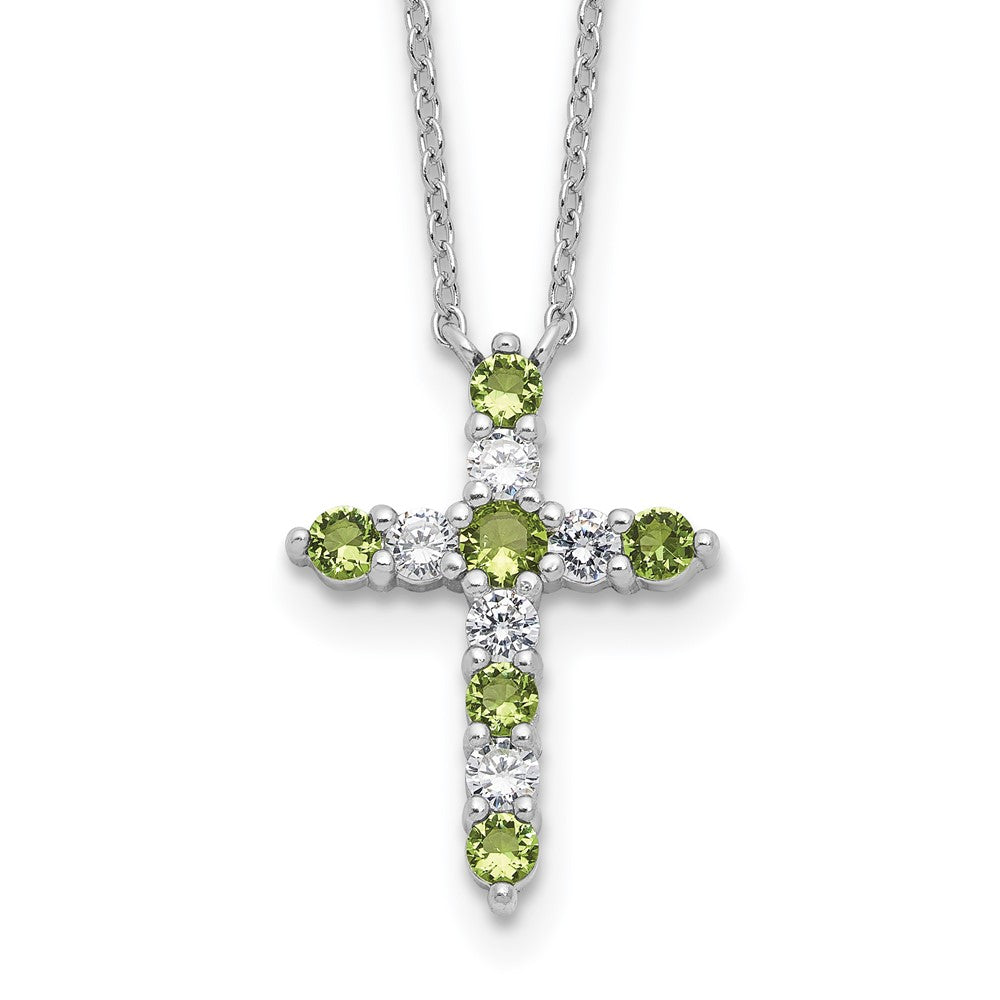 Sterling Silver Rhodium Plated Green CZ August Birthstone Cross w/2in Ext Necklace