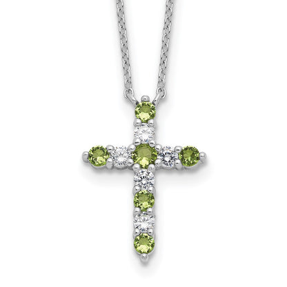 Sterling Silver Rhodium Plated Green CZ August Birthstone Cross w/2in Ext Necklace