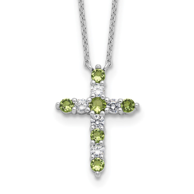Sterling Silver Rhodium Plated Green CZ August Birthstone Cross w/2in Ext Necklace
