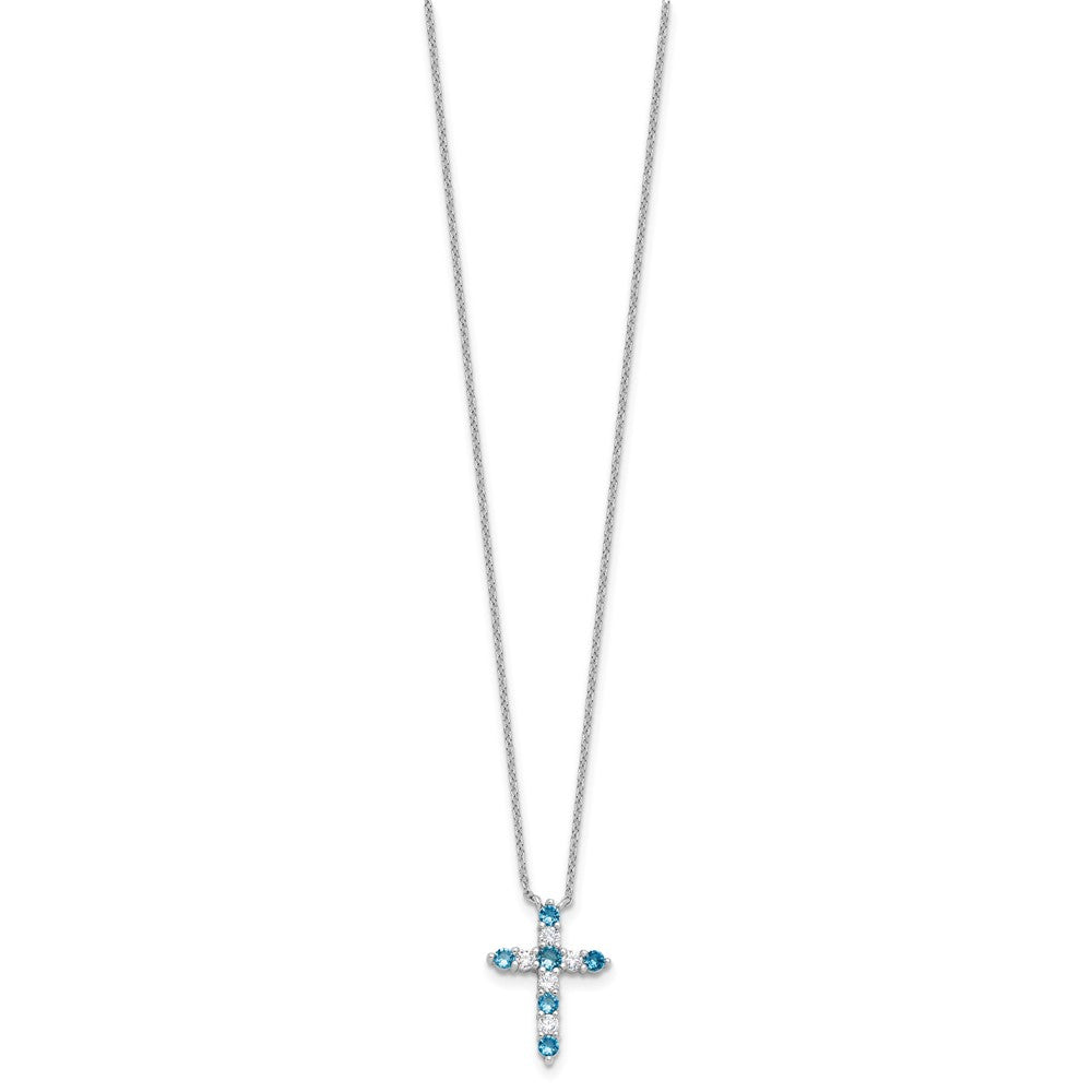 Sterling Silver Rhodium Plated Blue CZ December Birthstone Cross w/2in Ext Necklace