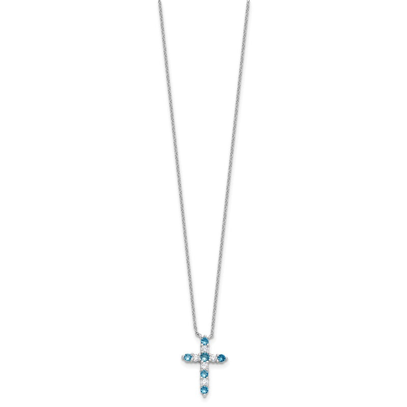 Sterling Silver Rhodium Plated Blue CZ December Birthstone Cross w/2in Ext Necklace
