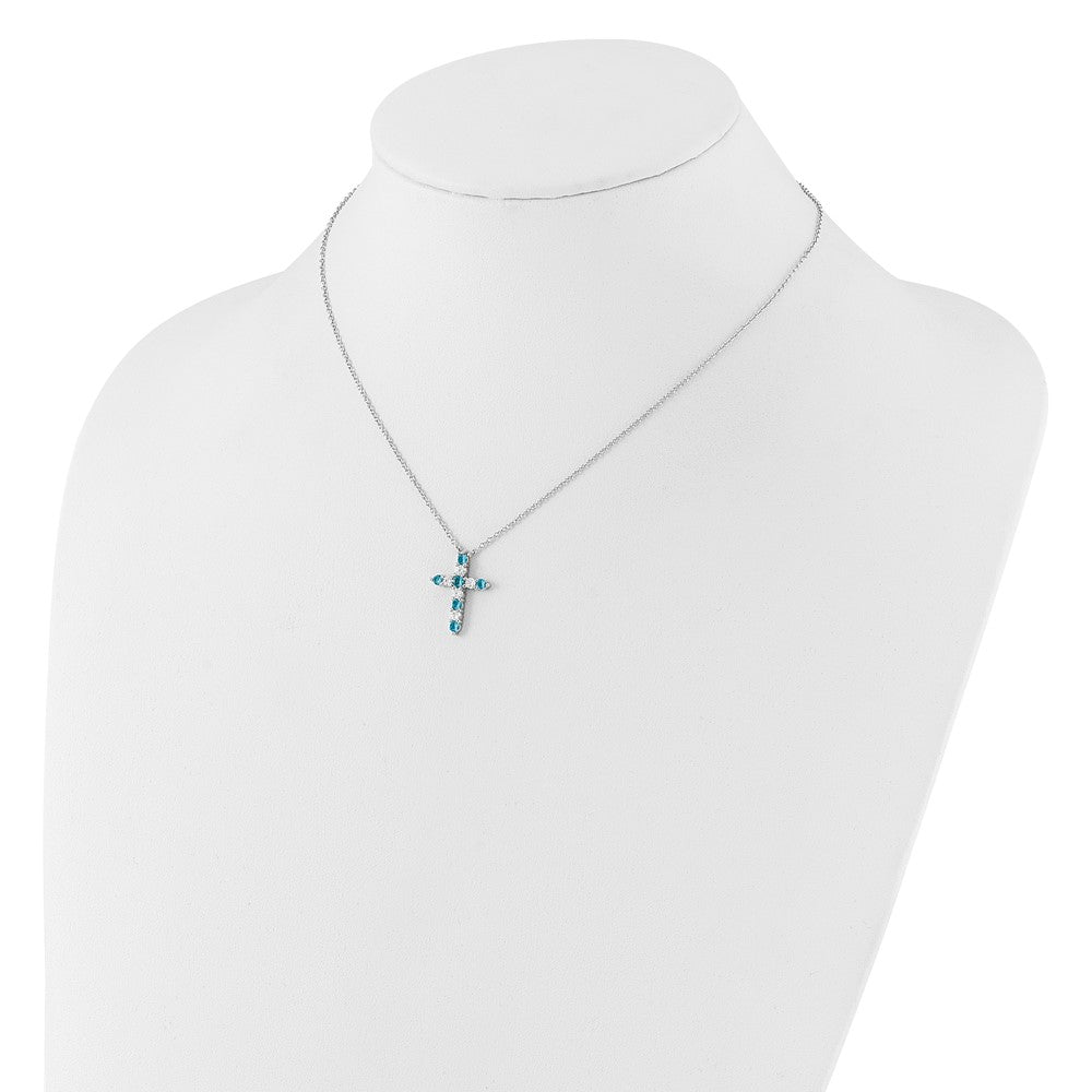 Sterling Silver Rhodium Plated Blue CZ December Birthstone Cross w/2in Ext Necklace
