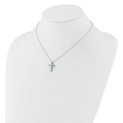 Sterling Silver Rhodium Plated Blue CZ December Birthstone Cross w/2in Ext Necklace