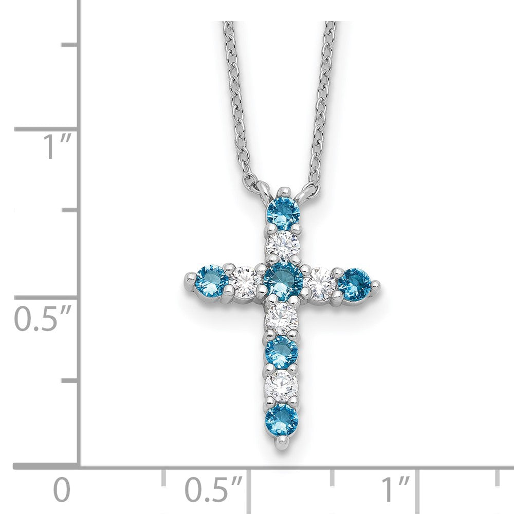 Sterling Silver Rhodium Plated Blue CZ December Birthstone Cross w/2in Ext Necklace