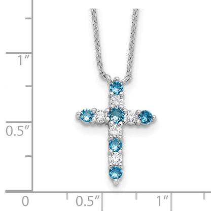 Sterling Silver Rhodium Plated Blue CZ December Birthstone Cross w/2in Ext Necklace