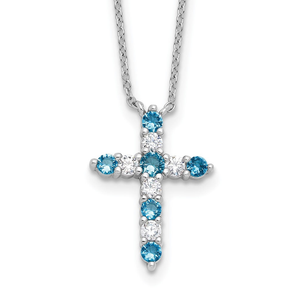 Sterling Silver Rhodium Plated Blue CZ December Birthstone Cross w/2in Ext Necklace