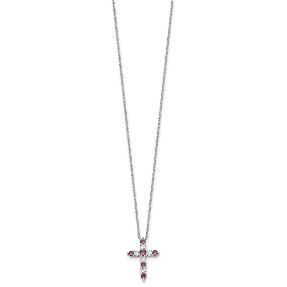 Sterling Silver Rhodium Plated Purple CZ February Birthstone Cross w/2in Ext Necklace