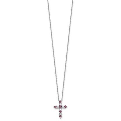 Sterling Silver Rhodium Plated Purple CZ February Birthstone Cross w/2in Ext Necklace