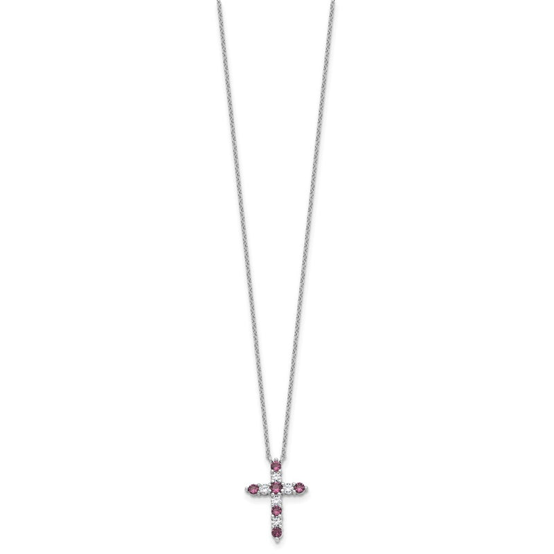 Sterling Silver Rhodium Plated Purple CZ February Birthstone Cross w/2in Ext Necklace