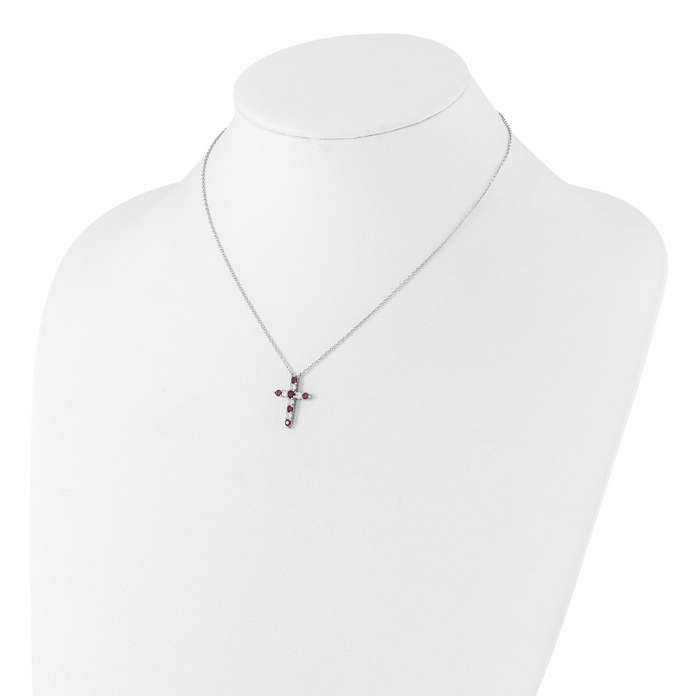 Sterling Silver Rhodium Plated Purple CZ February Birthstone Cross w/2in Ext Necklace