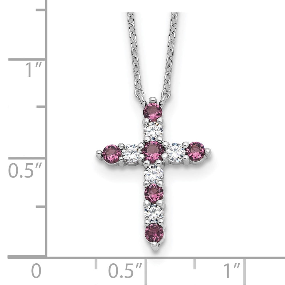 Sterling Silver Rhodium Plated Purple CZ February Birthstone Cross w/2in Ext Necklace