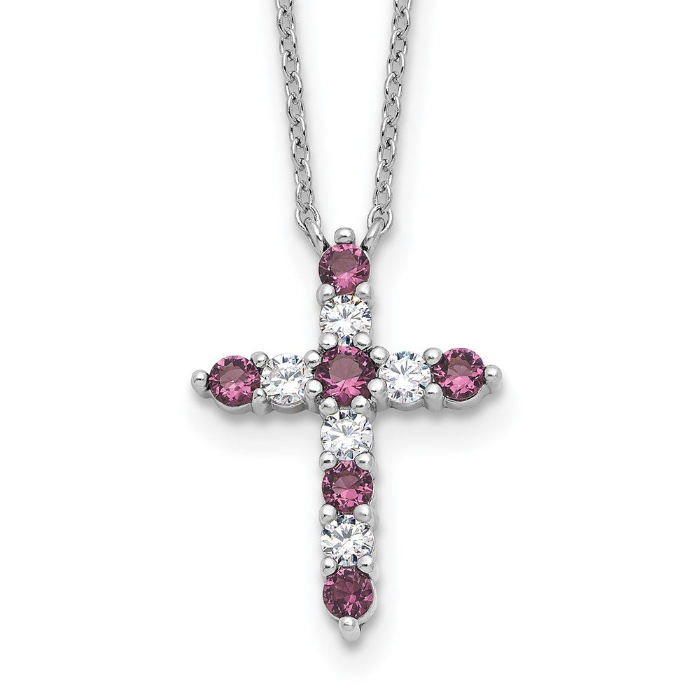 Sterling Silver Rhodium Plated Purple CZ February Birthstone Cross w/2in Ext Necklace