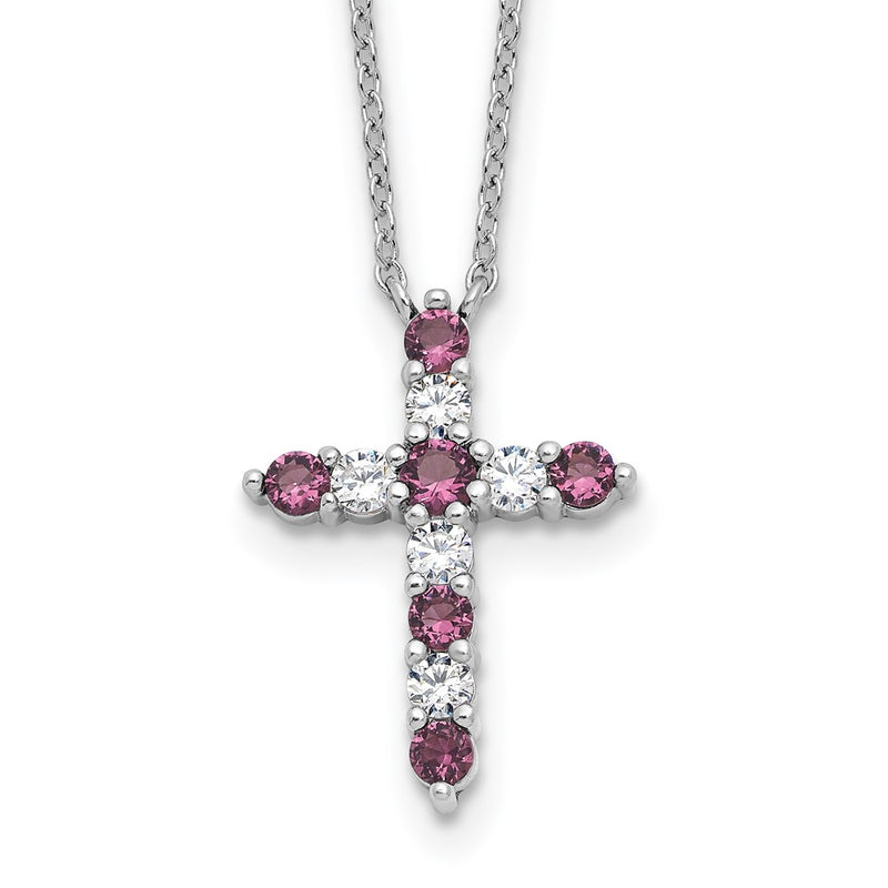 Sterling Silver Rhodium Plated Purple CZ February Birthstone Cross w/2in Ext Necklace