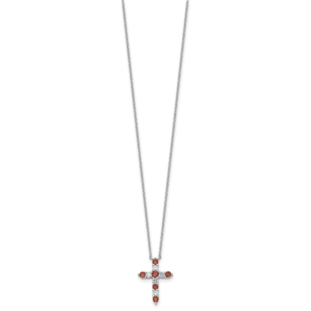 Sterling Silver Rhodium Plated Red CZ January Birthstone Cross w/2in Ext Necklace