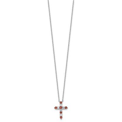 Sterling Silver Rhodium Plated Red CZ January Birthstone Cross w/2in Ext Necklace