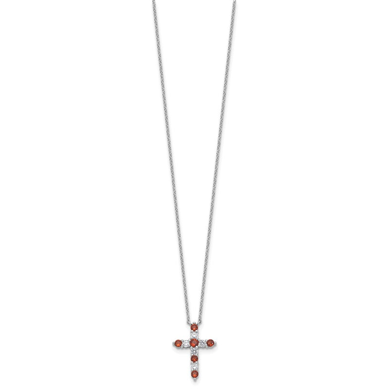 Sterling Silver Rhodium Plated Red CZ January Birthstone Cross w/2in Ext Necklace