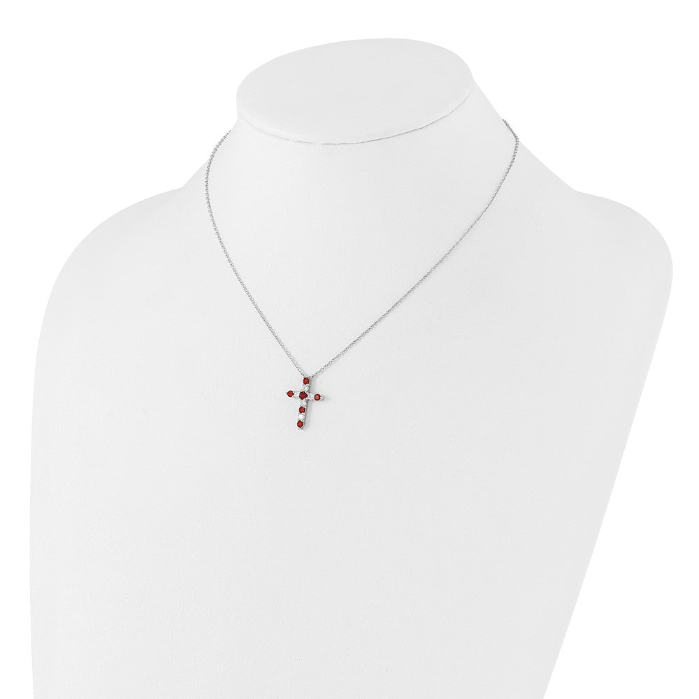 Sterling Silver Rhodium Plated Red CZ January Birthstone Cross w/2in Ext Necklace