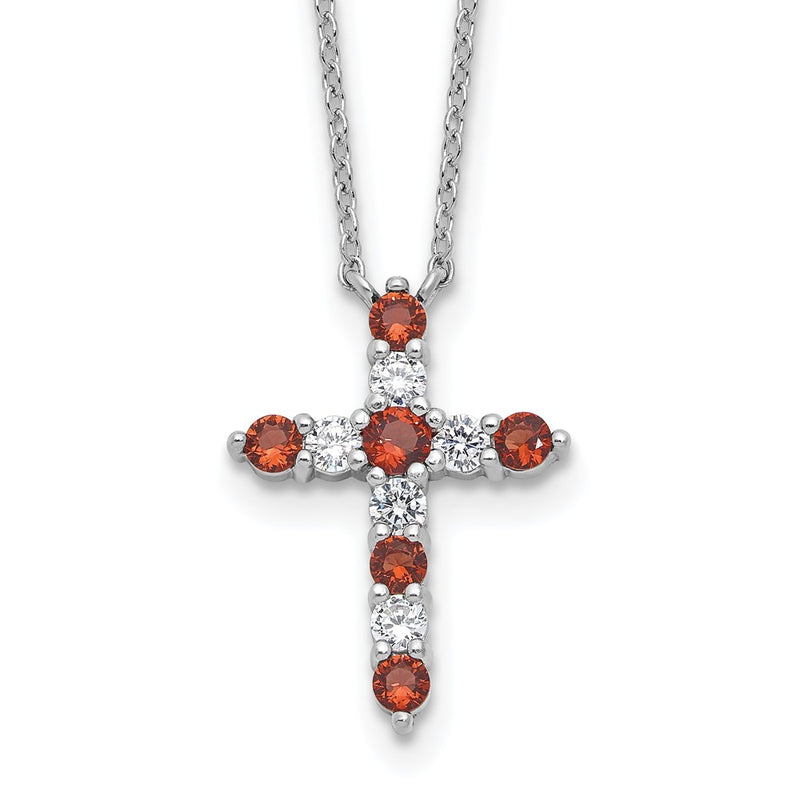 Sterling Silver Rhodium Plated Red CZ January Birthstone Cross w/2in Ext Necklace