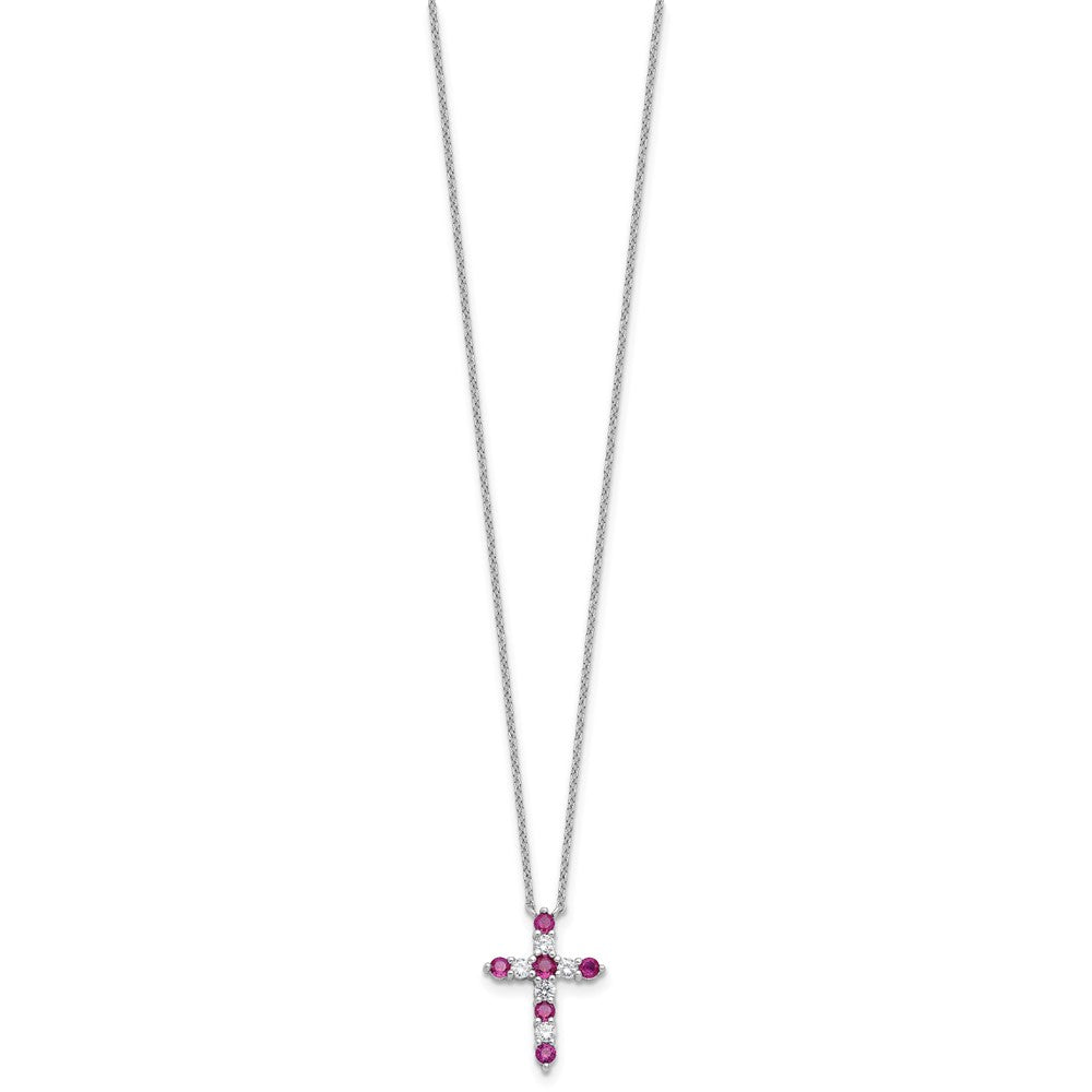 Sterling Silver Rhodium Plated Dark Pink CZ July Birthstone Cross w/2in Ext Necklace