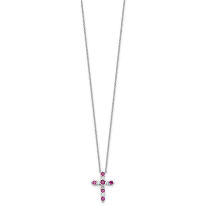 Sterling Silver Rhodium Plated Dark Pink CZ July Birthstone Cross w/2in Ext Necklace