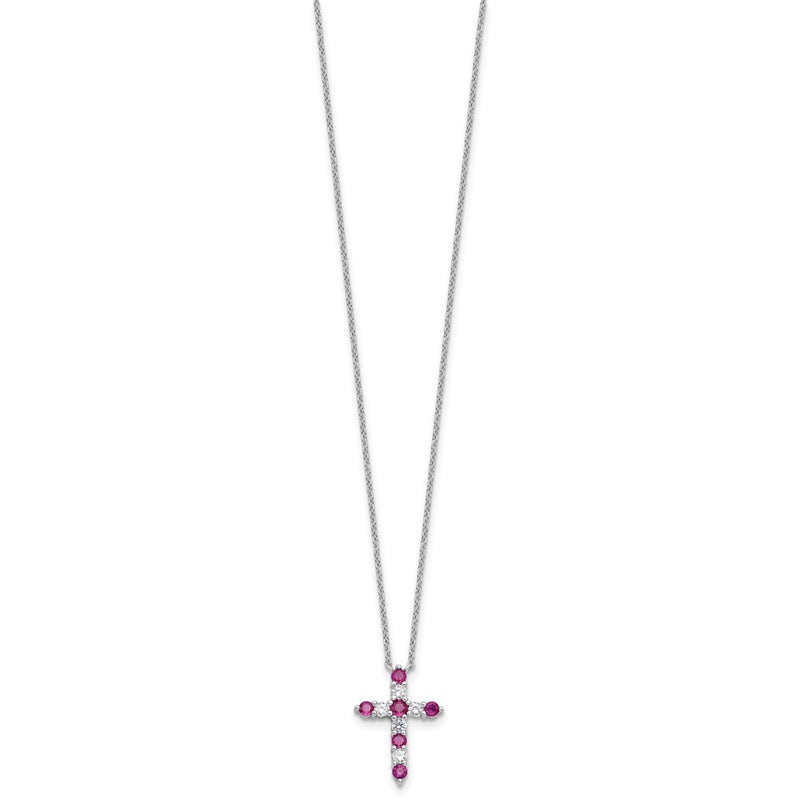 Sterling Silver Rhodium Plated Dark Pink CZ July Birthstone Cross w/2in Ext Necklace