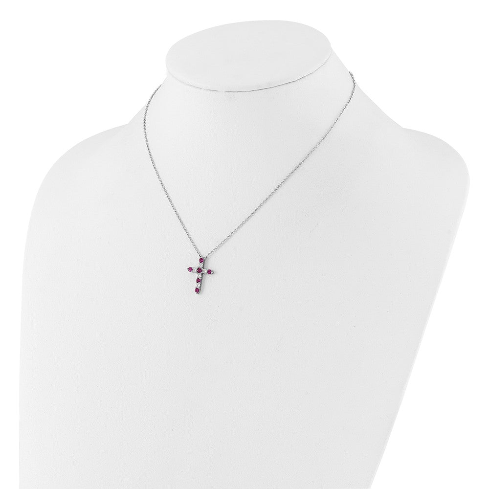 Sterling Silver Rhodium Plated Dark Pink CZ July Birthstone Cross w/2in Ext Necklace