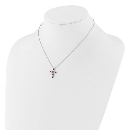 Sterling Silver Rhodium Plated Dark Pink CZ July Birthstone Cross w/2in Ext Necklace