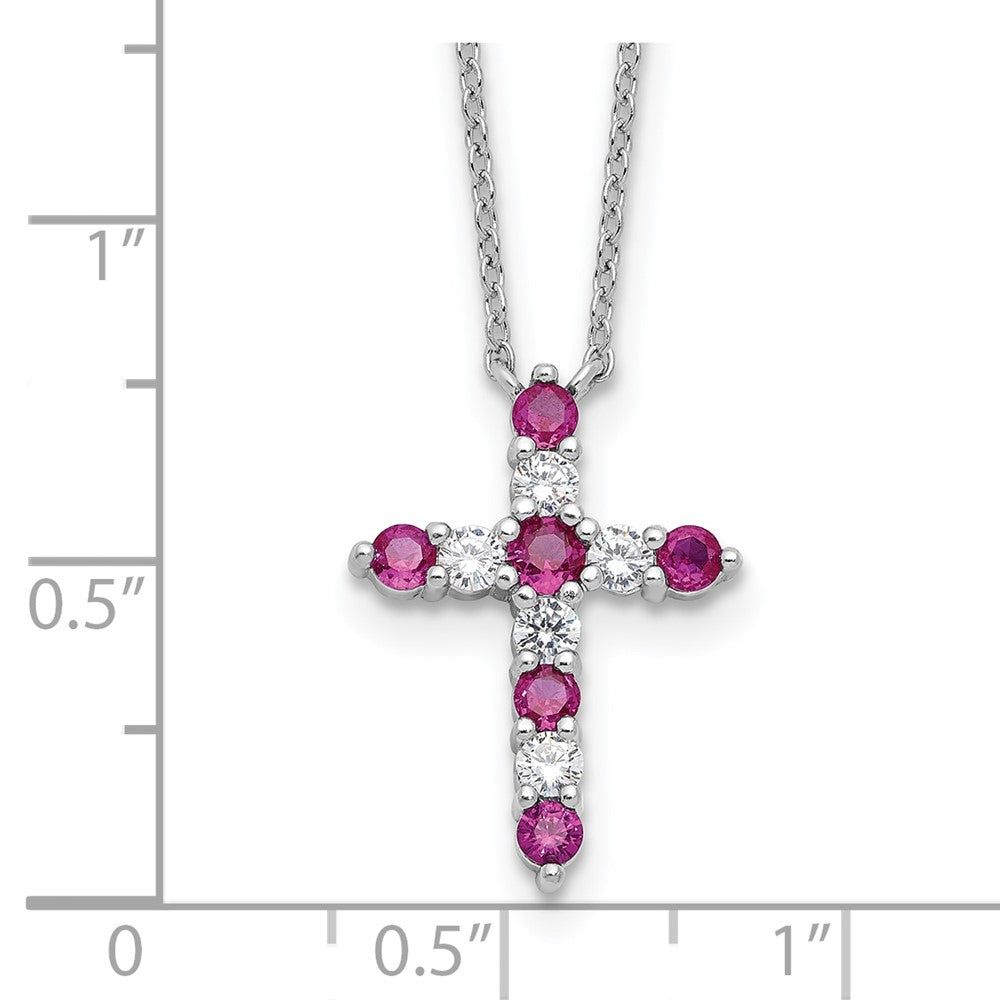 Sterling Silver Rhodium Plated Dark Pink CZ July Birthstone Cross w/2in Ext Necklace