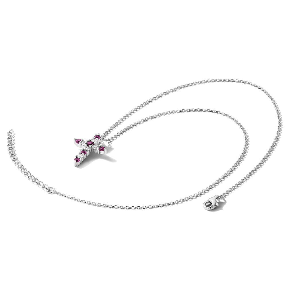 Sterling Silver Rhodium Plated Dark Pink CZ July Birthstone Cross w/2in Ext Necklace