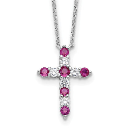 Sterling Silver Rhodium Plated Dark Pink CZ July Birthstone Cross w/2in Ext Necklace