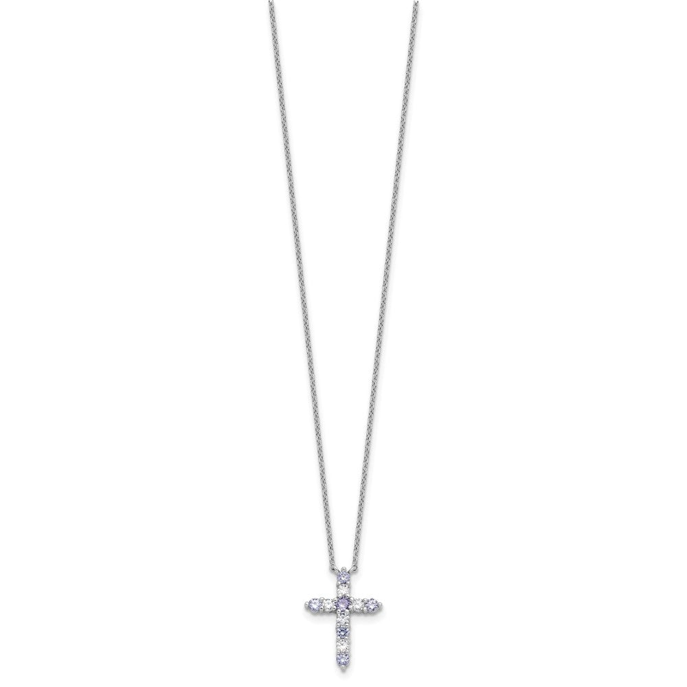 Sterling Silver Rhodium Plated Lt Purple CZ June Birthstone Cross w/2in Ext Necklace