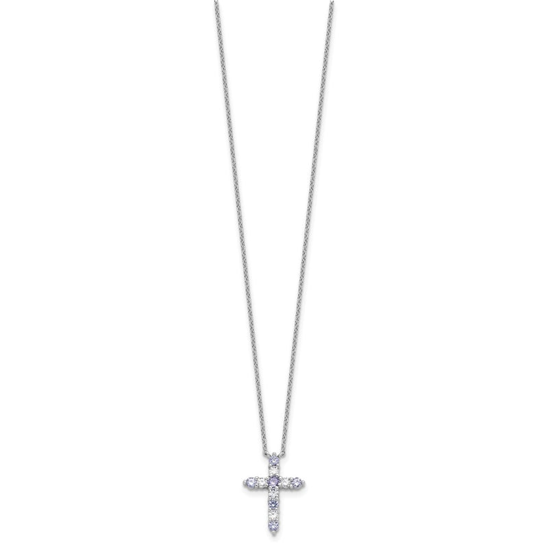 Sterling Silver Rhodium Plated Lt Purple CZ June Birthstone Cross w/2in Ext Necklace