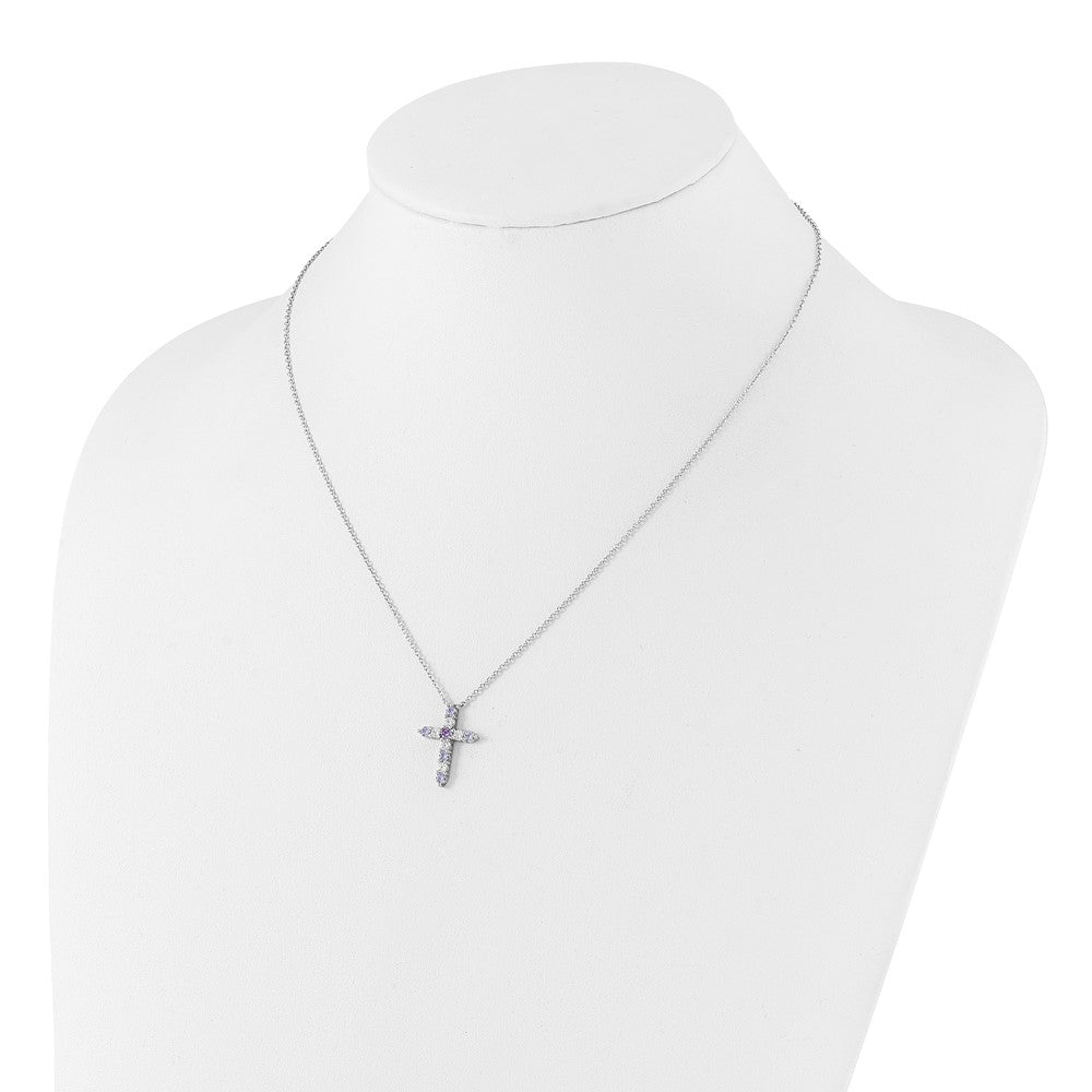 Sterling Silver Rhodium Plated Lt Purple CZ June Birthstone Cross w/2in Ext Necklace