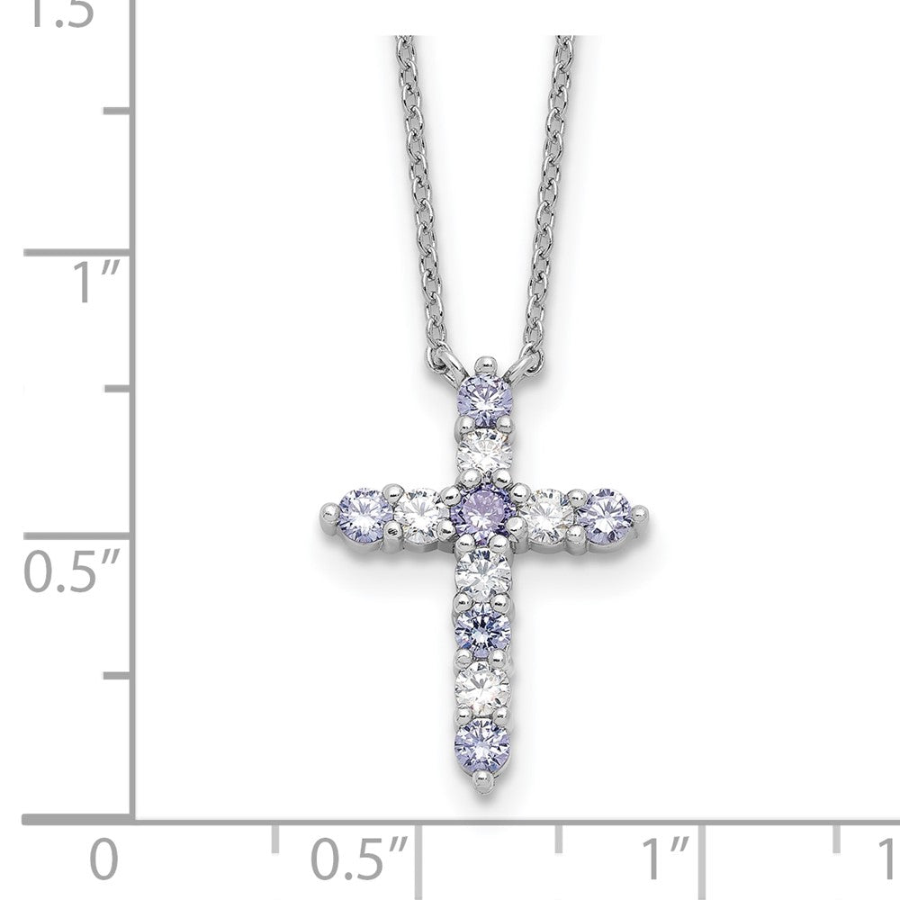 Sterling Silver Rhodium Plated Lt Purple CZ June Birthstone Cross w/2in Ext Necklace