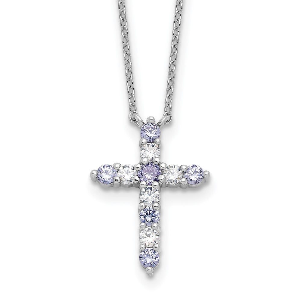 Sterling Silver Rhodium Plated Lt Purple CZ June Birthstone Cross w/2in Ext Necklace